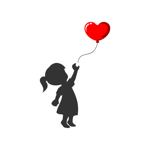 Silhouette of girl trying to grab floating heart balloon