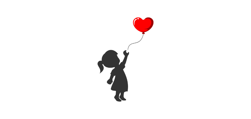 Silhouette of girl trying to grab floating heart balloon