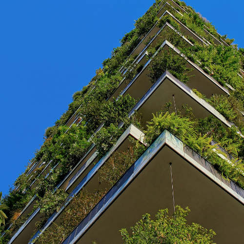Worm's eye view of building with plants on each floor