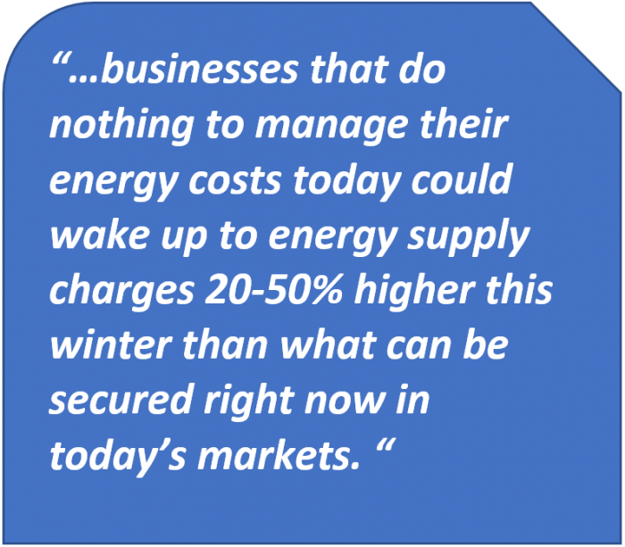 Businesses that do nothing to manage their energy costs toda could wake up to energy supply charges 20-50% higher this winter than what can be secured right now in today's markets.