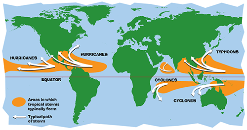 World map view on different potential Hurricanes